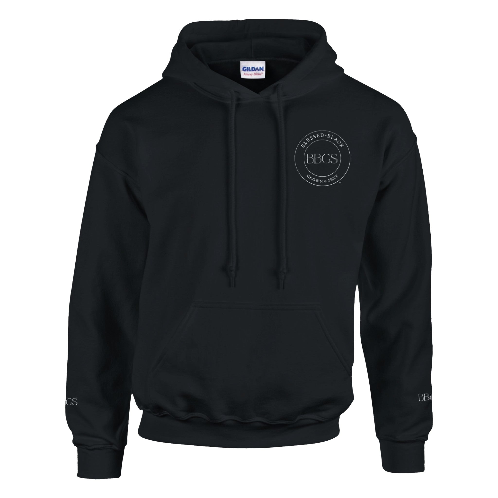 BBGS Classic Unisex Pullover Hoodie (White Logo) on-model, showing premium fabric, clean logo, and structured drape.